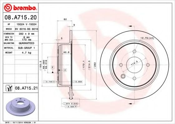 Тормозной диск 08.A715.20 BREMBO