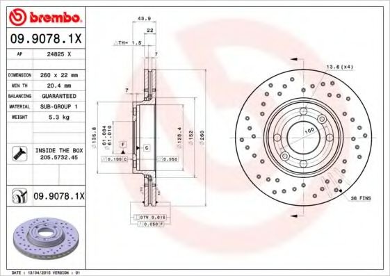 Тормозной диск 09.9078.1X BREMBO