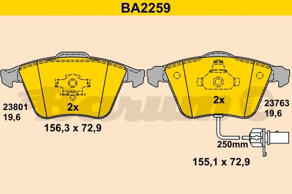 Комплект тормозных колодок, дисковый тормоз BA2259 BARUM