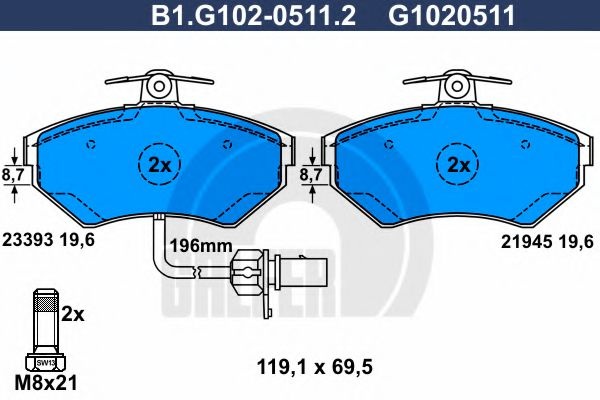 Комплект тормозных колодок, дисковый тормоз B1.G102-0511.2 GALFER