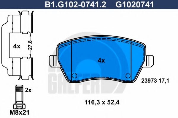 Комплект тормозных колодок, дисковый тормоз B1.G102-0741.2 GALFER