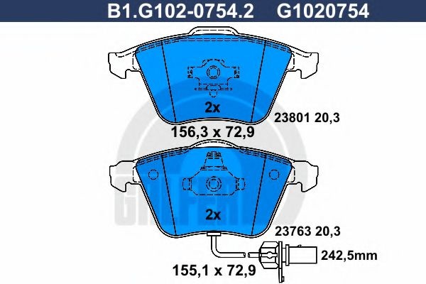 Комплект тормозных колодок, дисковый тормоз B1.G102-0754.2 GALFER