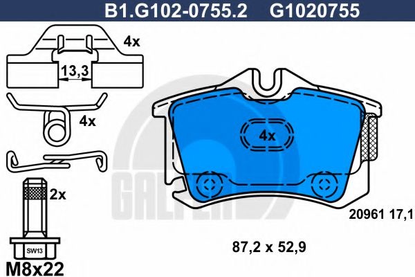 Комплект тормозных колодок, дисковый тормоз B1.G102-0755.2 GALFER
